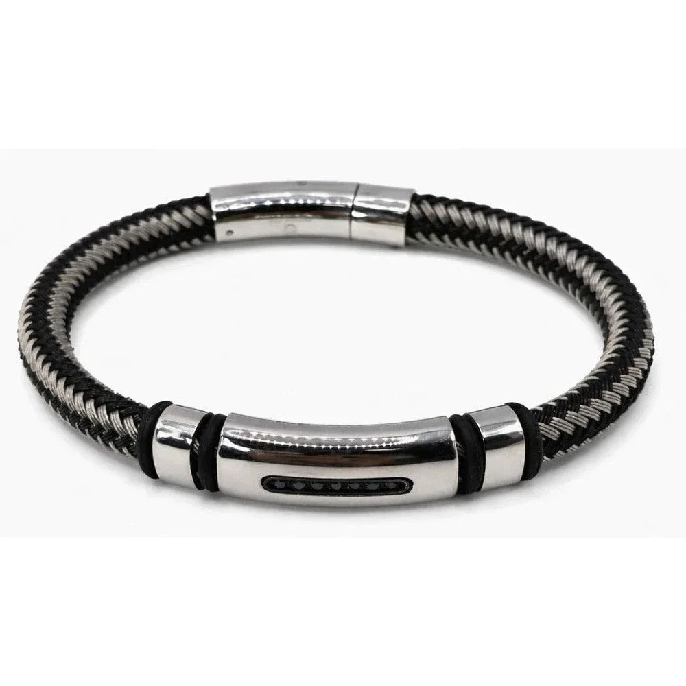 Macy's Men's Black & Silver Stainless Steel Braided Bracelet with Accent Stones